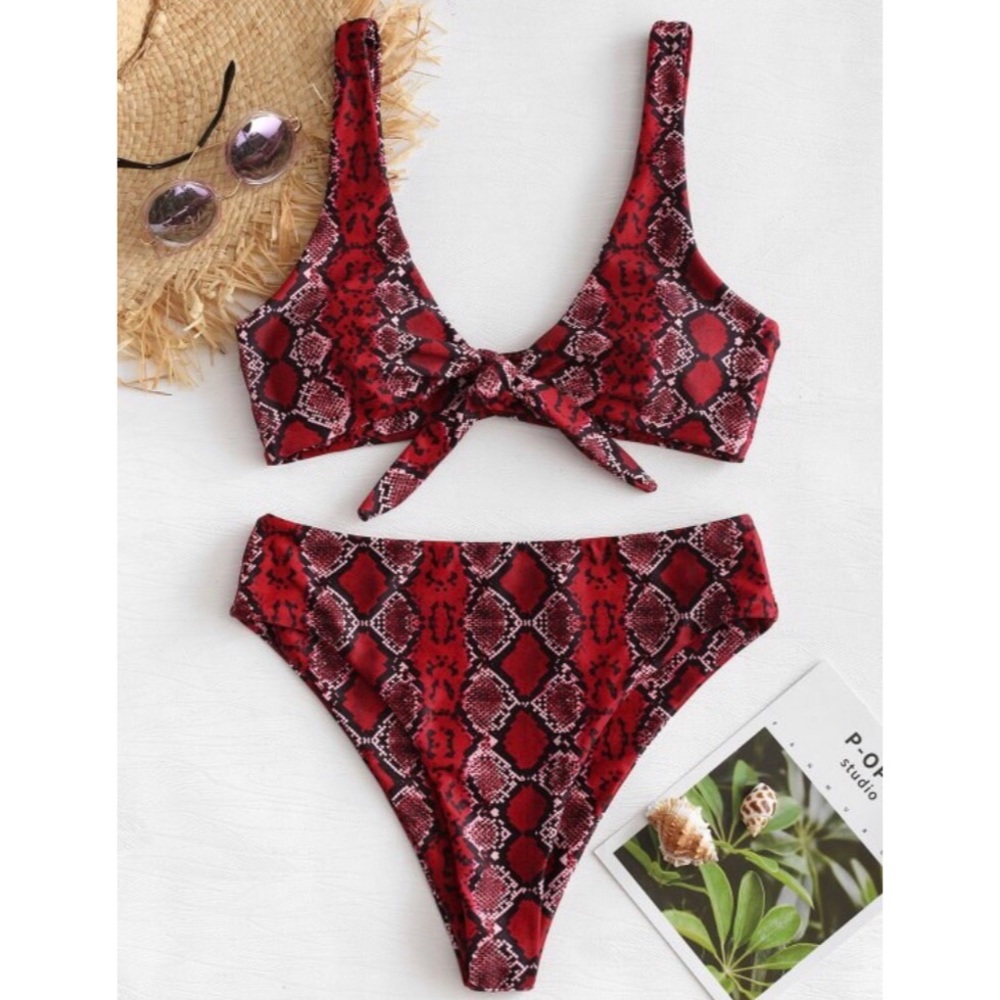 Red snakeskin high cut bikini